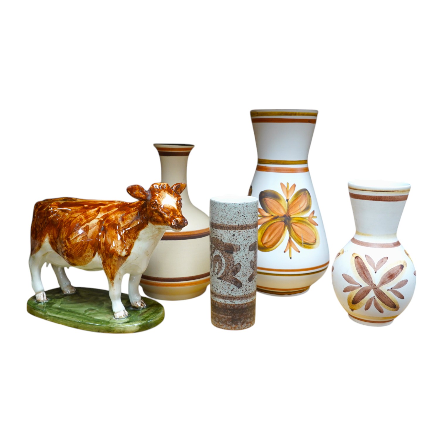 David Sharp, an Ayrshire cow produced for Bayer, and three Cinque Ports Rye vases and a carafe, largest 28cm high. Condition - good